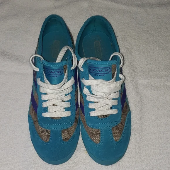 Coach Yolanda Lace Up Sneaker Shoes Teal Brown Purple Size 7M - Picture 2 of 6